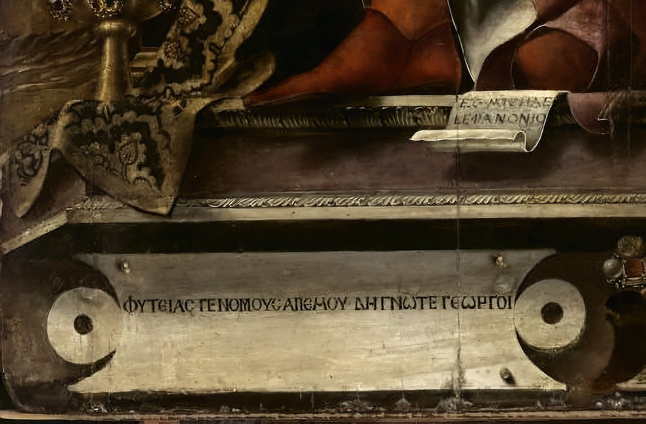 A Musa Thalia, pormenor, c.1456-57 (óleo e têmpera sobre choupo) de Michele Pannonio