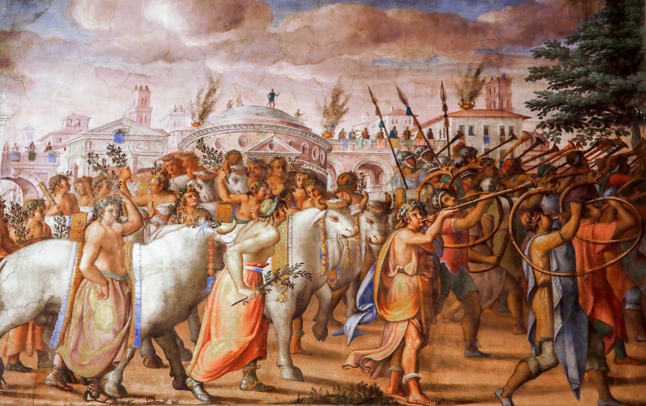 Triunfo do cônsul Lucius Aemilius Paulus sobre Perseu rei da Macedônia (detalhe), cerca de 1570 (fresco) de Michele and Rocchetti Jacopo Alberti
