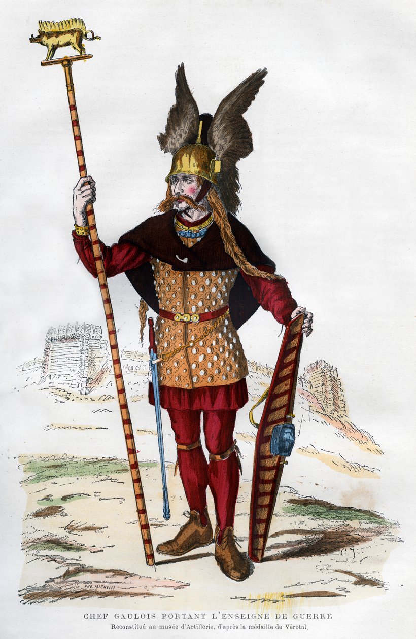Chefe da Gália em traje de batalha carregando um estandarte, 1882-1884. de Michelet