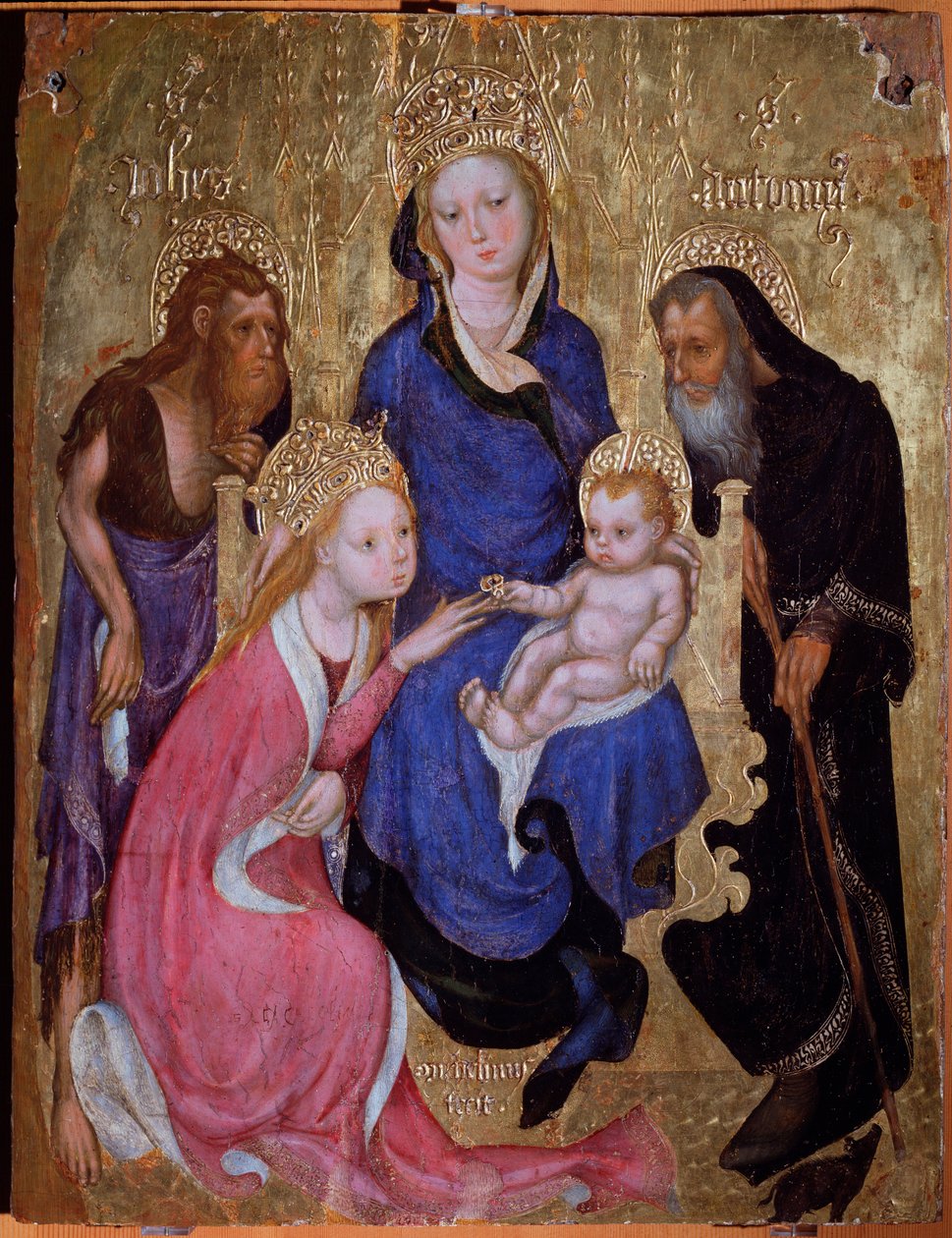 O casamento místico de Santa Catarina com São João Baptista e António do Egipto - Pintura, cerca de 1420 de Michelino Molinari da (attr. to) Besozzo