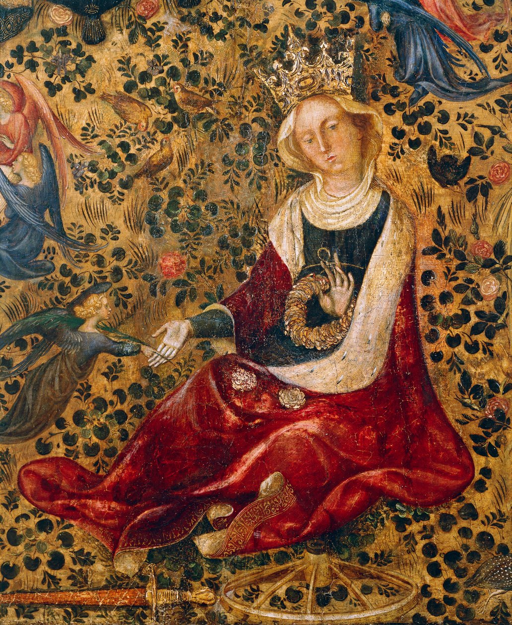 Santa Catarina de Alexandria, pormenor de Madonna of Rose Garden de Michelino da Besozzo (ca. 1370-1455) ou Stefano da Verona (ca. 1374-1438), tempera no painel, 63x42 cm de Michelino Molinari da Besozzo