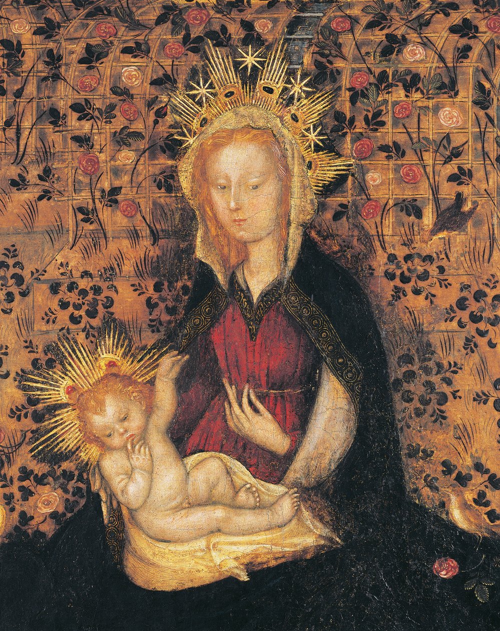 Virgem e Criança, detalhe de Madonna of Rose garden, de Michelino da Besozzo (ca 1370-1455) ou Stefano da Verona (ca 1374-1438), tempera no painel, 63x42 cm de Michelino Molinari da Besozzo
