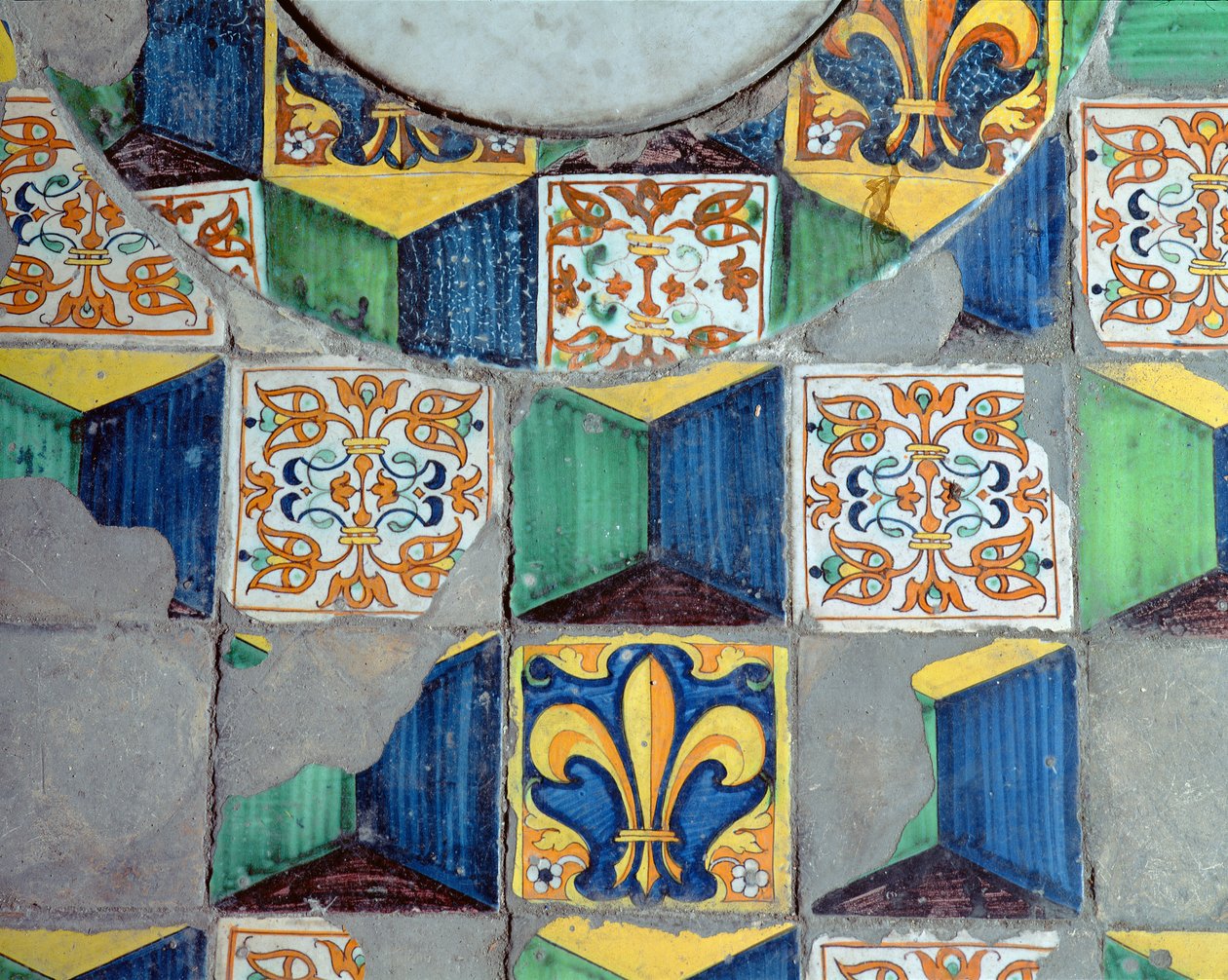 Detalhe de ladrilhos de piso da adega da cerâmica Villa Medicea de Careggi de Michelozzo di Bartolommeo