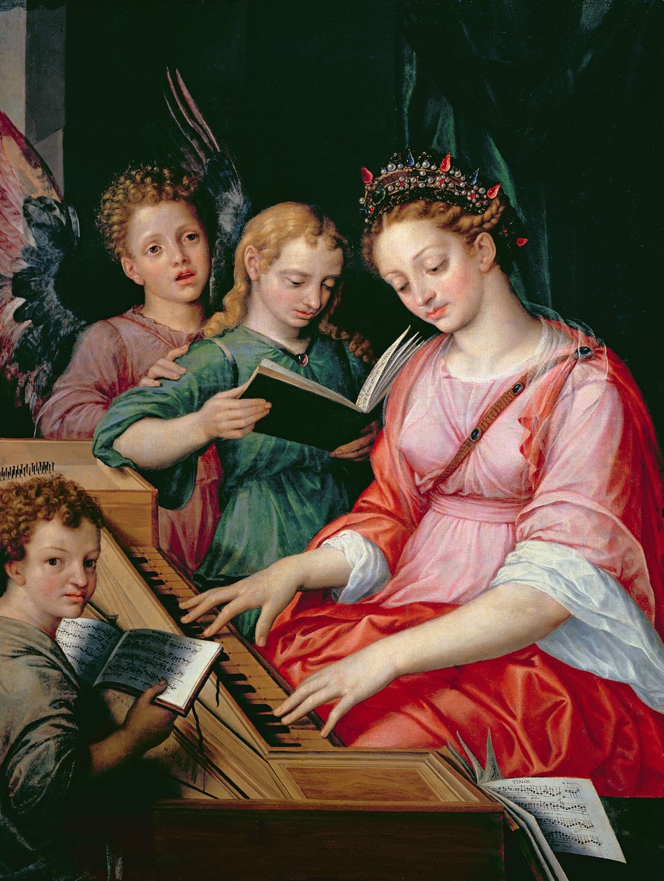 Santa Cecília, acompanhada por três anjos de Michiel I Coxie or Coxcie