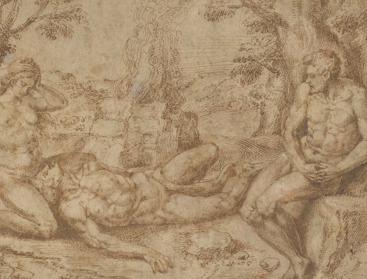 Adão e Eva lamentando a morte de Abel, ca. 1576. de Michiel Coxie