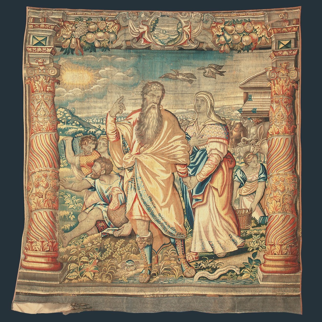 Tapeçaria bíblica de Bruxelas que descreve a Descida da Arca da série "A Vida de Noé", de Paulus van Nieuvenhove de Michiel I Coxie or Coxcie