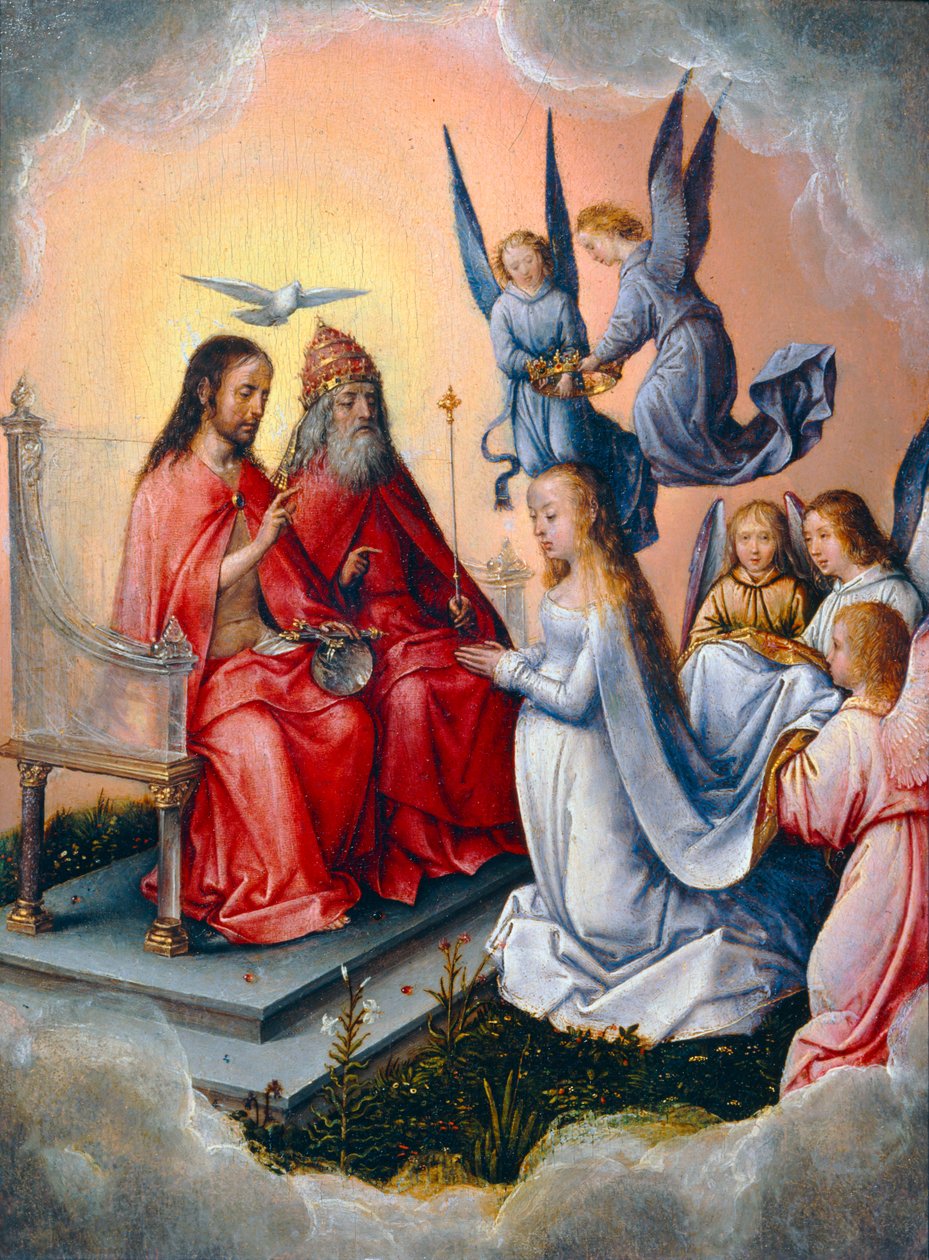 A Coroação da Virgem pelos anjos, na presença da Santíssima Trindade. Pintado em Espanha ... de Michiel Sittow