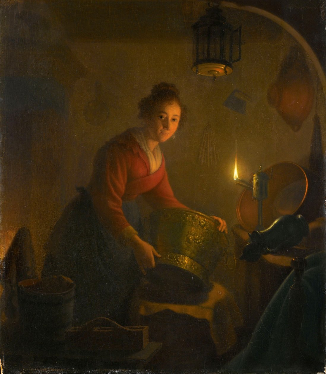 Woman in a Kitchen by Candlelight, c.1830 (óleo sobre painel) de Michiel Versteegh