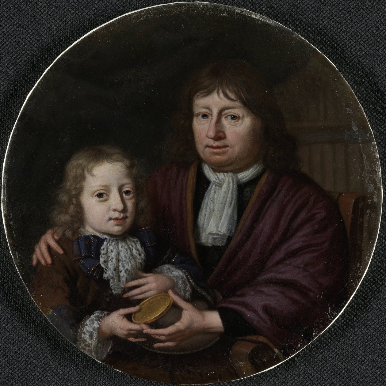 Retrato duplo de Isaac Pontanus e Hendrik van Beek Isaac Pontanus (1625-1710) dá a seu neto Hendrik van Beek uma medalha de ouro de Michiel van Musscher (signed by artist)