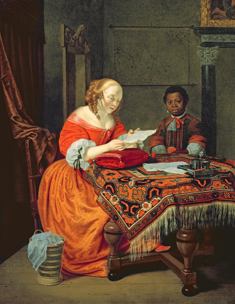 Uma Mulher a Ler uma Carta com um preto na Presença, 1670 de Michiel van Musscher