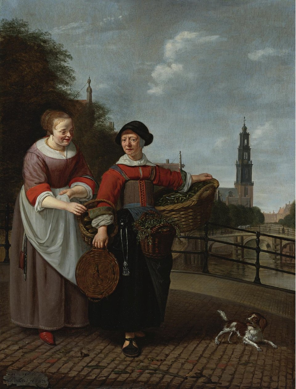 Uma vendedora de legumes e uma dona de casa no Eenhoornsluis em Amesterdão, ao fundo a Westertoren de Michiel van Musscher
