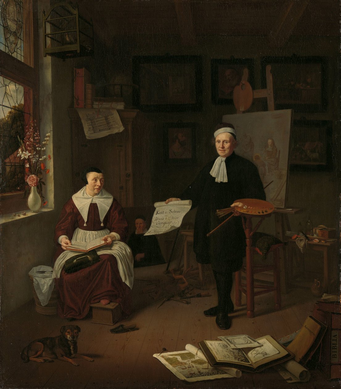 Retrato de Michiel Comans (1614-1687), calígrafo, gravador, pintor e mestre-escola, com sua terceira esposa Elisabeth van der Mersche de Michiel van Musscher