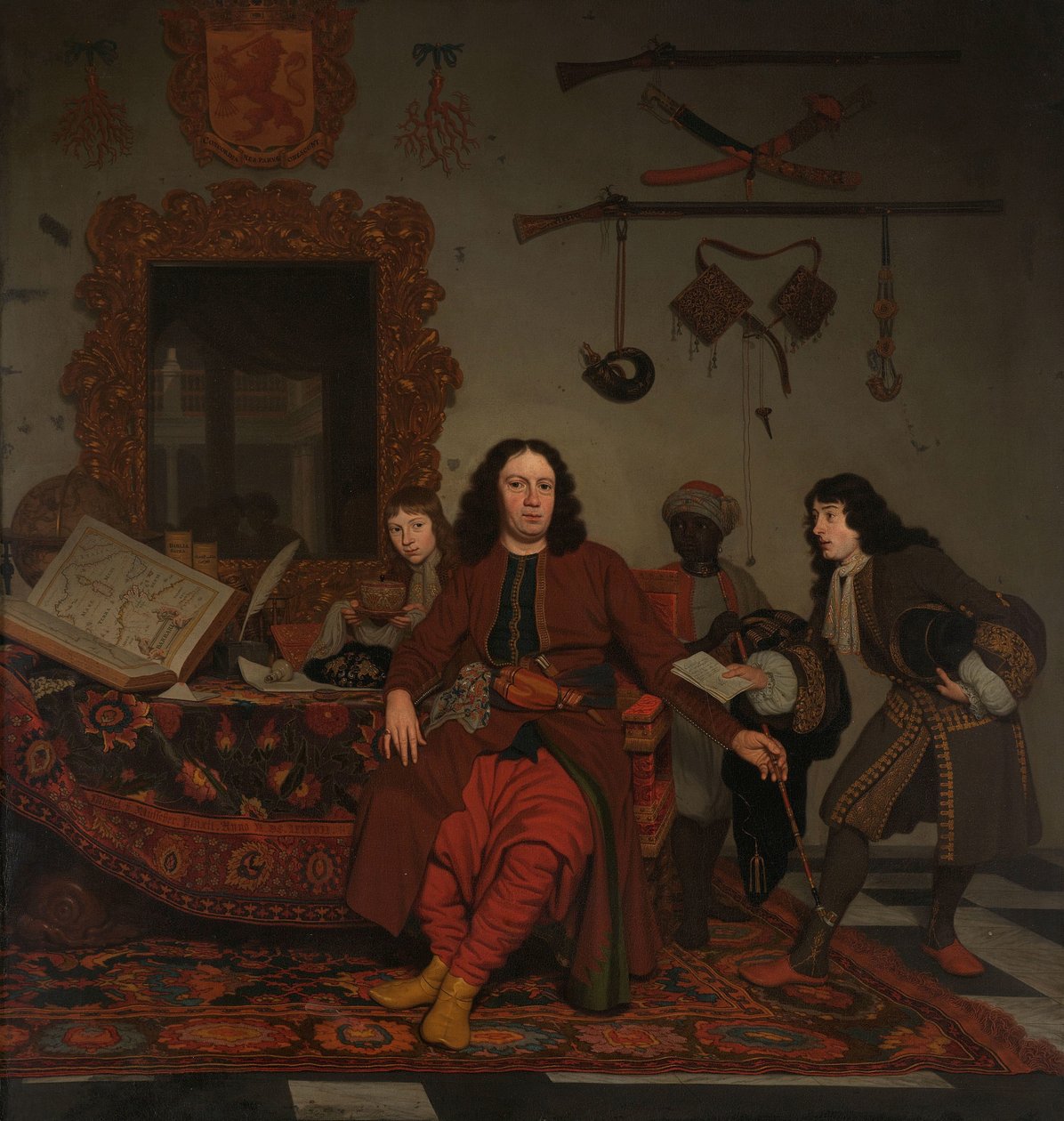 Thomas Hees e seu servo Thomas e sobrinhos Jan e Andries Hees Retrato de Thomas Hees (n. 1634/35), residente e comissário dos estados gerais dos governos de Argel, Túnis e Trípoli, com seus sobrinhos Jan (n. 1670/71) e Andries (n. 1). de Michiel van Musscher