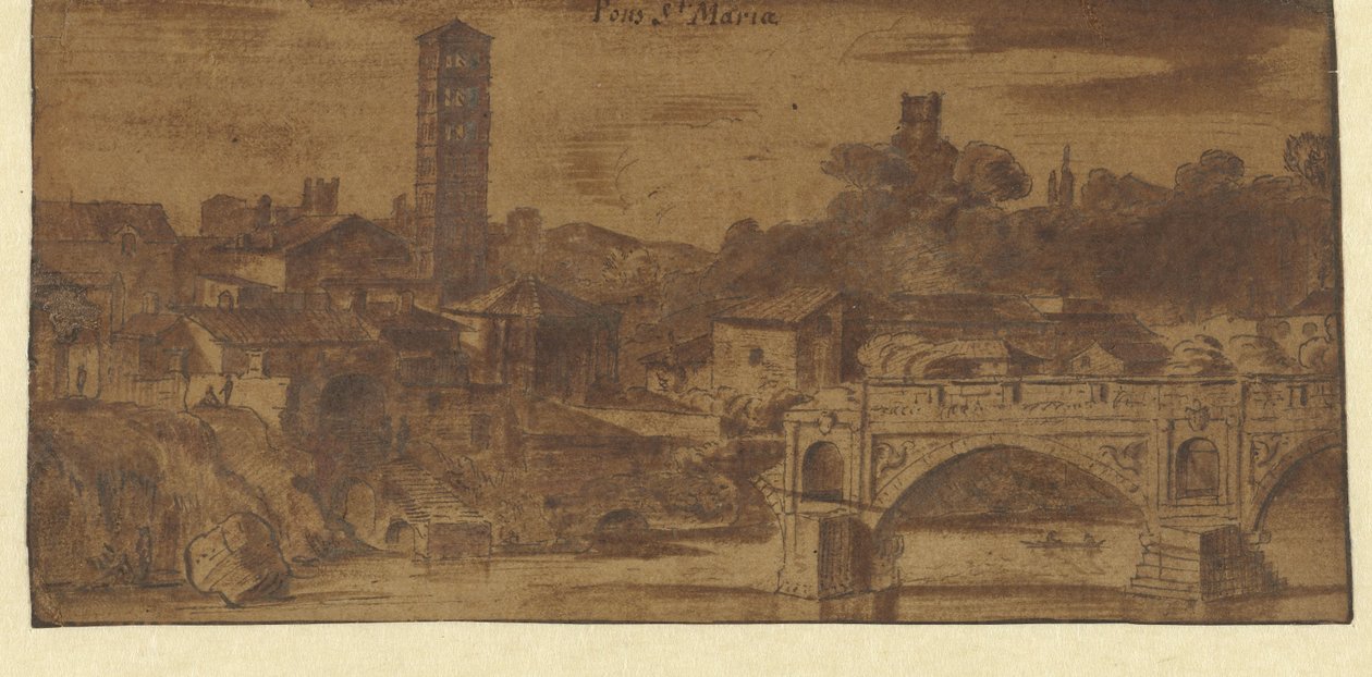 Vista da S. Maria em Cosmedin, do Templo Vesta e da Ponte S. Maria em Roma de Michiel van Overbeek