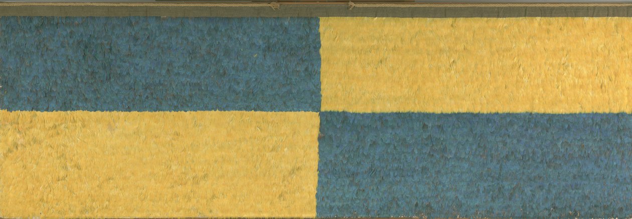 Painel com retângulos de plumas azuis e amarelas, c. AD650-850 (penas (arara azul e dourada), tecido de algodão e tecido de fibra de camelídeo) de Middle Horizon Epoch 2A