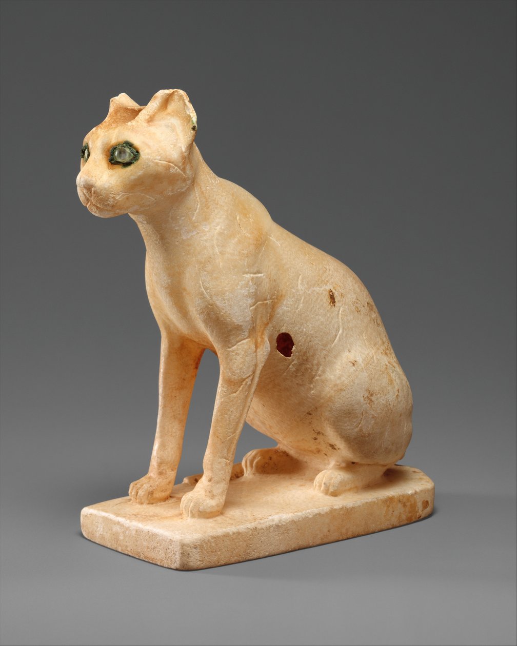 Embarcação Cosmética em Forma de Gato, c.1990–1900 aC (travertino pintado, cobre, cristal de quartzo) de Middle Kingdom Egyptian