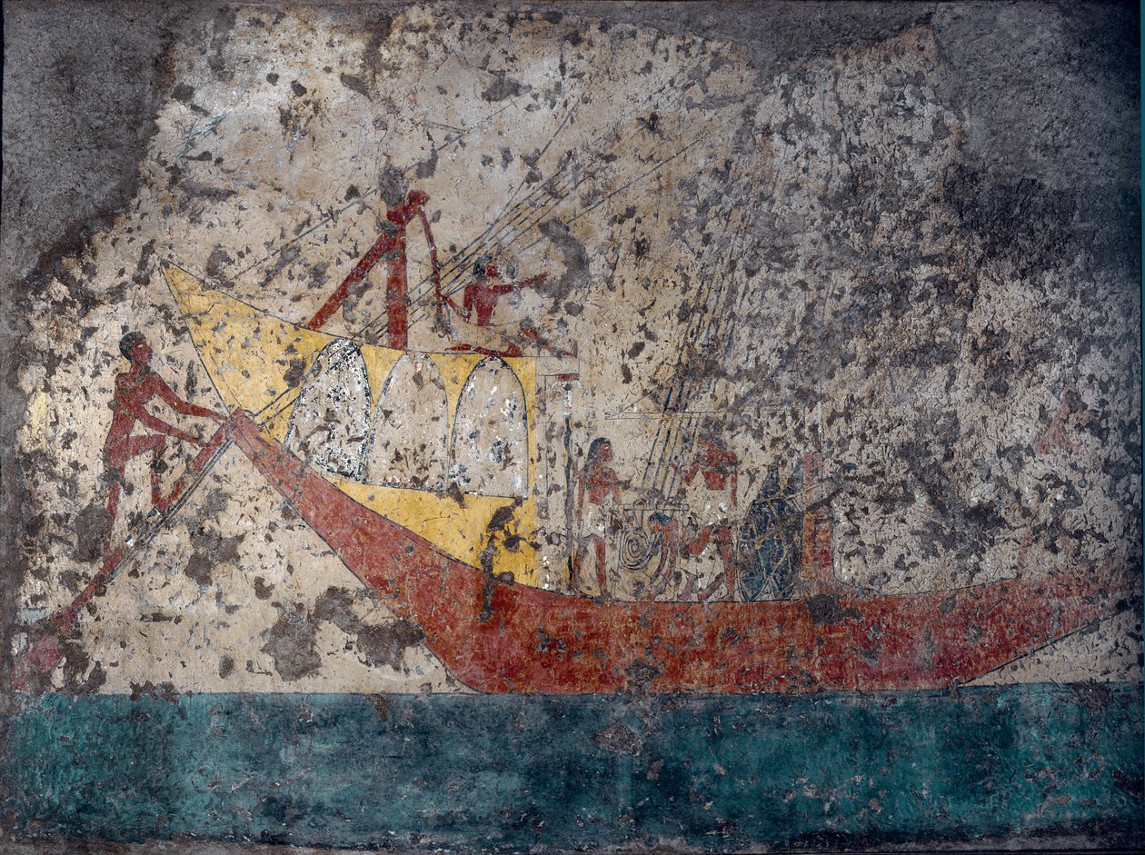 Antiquidade egípcia: "Navio militar egípcio" Fresco de um túmulo. 2000 AC. Turim, Museo Egizio de Middle Kingdom Egyptian
