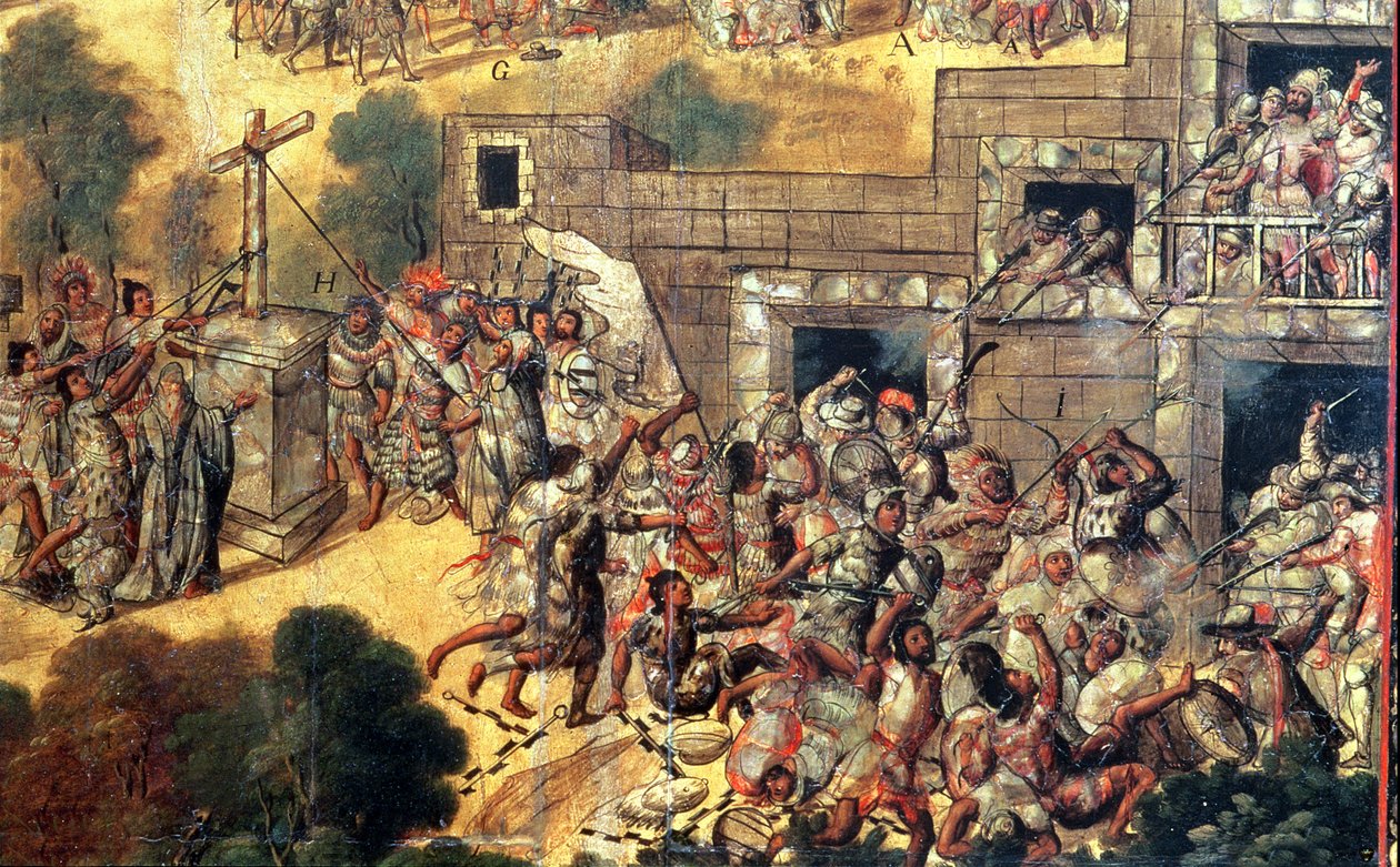 Detalhe da Tentativa de Abaixar a Cruz de frente para os ídolos e arremesso de pedras e flechas contra Montezuma (1466-1520) 1698 (óleo sobre painel) de Miguel Gonzalez