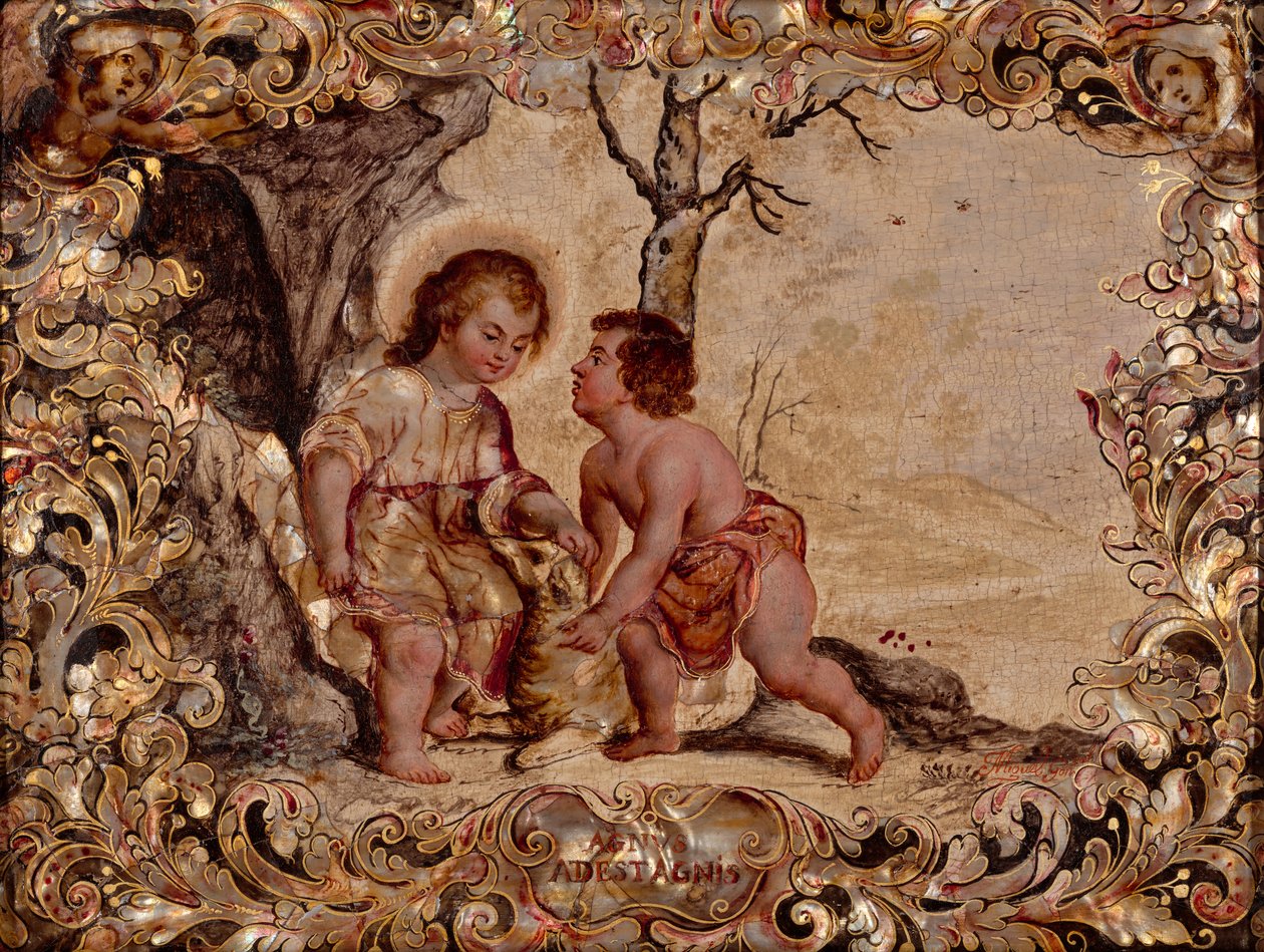 Menino Jesus e Menino João Batista (óleo e incrustação de madrepérola sobre painel de madeira) de Miguel Gonzalez