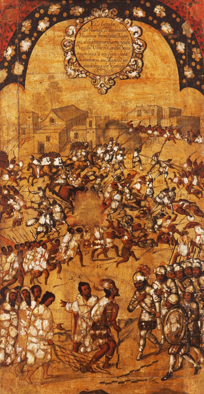 A Conquista do México, Painel V, c.1696-1715 (pintura sobre madeira) de Miguel Gonzalez