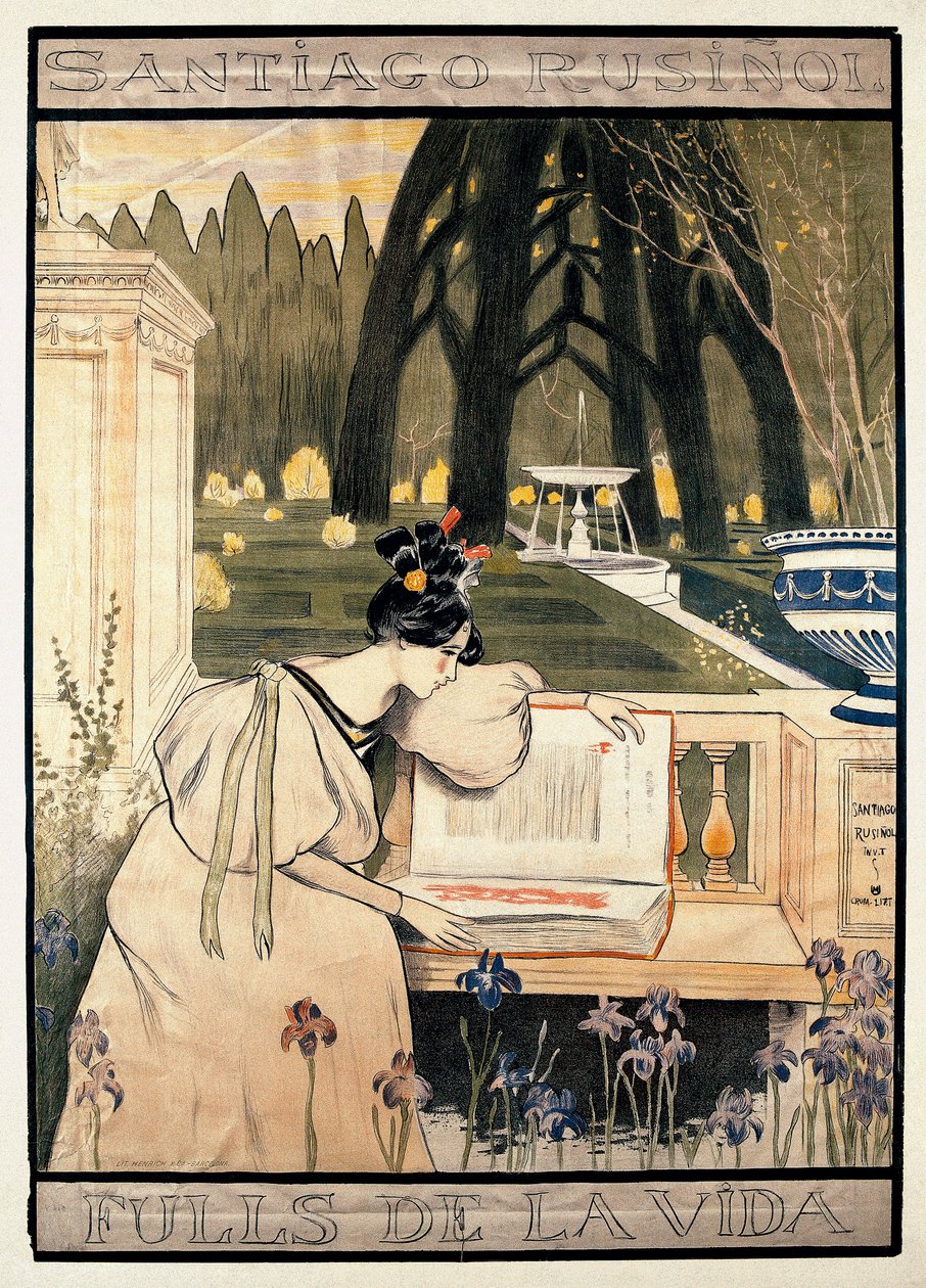 Apresentação em poster de "As páginas da vida", série de litografias ilustrando poemas em prosa de Santiago Rusinol y (i) Prats (1861-1931) de Miguel Utrillo