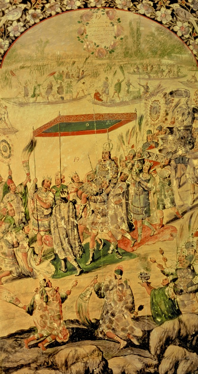 Um de um par de painéis retratando o encontro entre Hernando Cortes (1485-1547) e Montezuma (1466-1520): Montezuma e seus seguidores, 1698 de Miguel and Juan Gonzalez