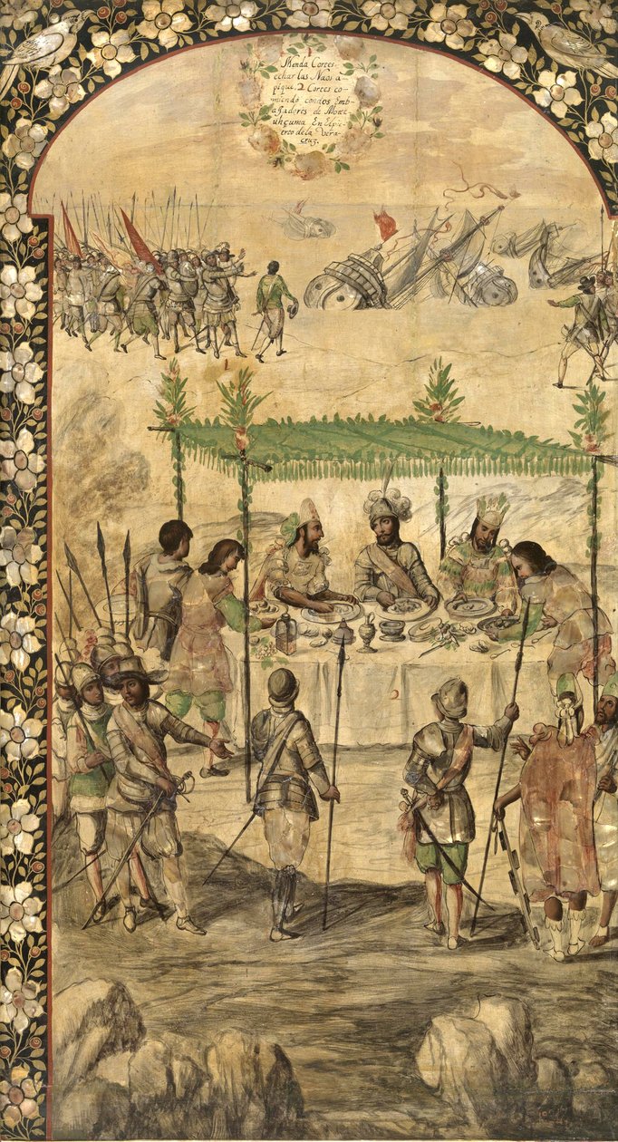 Ordena a Destruição dos Navios e Encontros com os Embaixadores de Montezuma (Moctezuma, Moteuczoma, Motecuhzoma) (1466-1520) em 1520 - A Conquista do México por Hernán Cortes par González, Miguel e Juan (final ativo do 17º cen.). Óleo sobre madeira, tamanh de Miguel and Juan Gonzalez