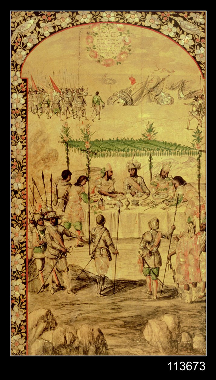 A Conquista do México: Hernando Cortes (1485-1547) ordena a destruição dos navios e encontros com os embaixadores de Montezuma (1466-1520) em 1520 de Miguel and Juan Gonzalez