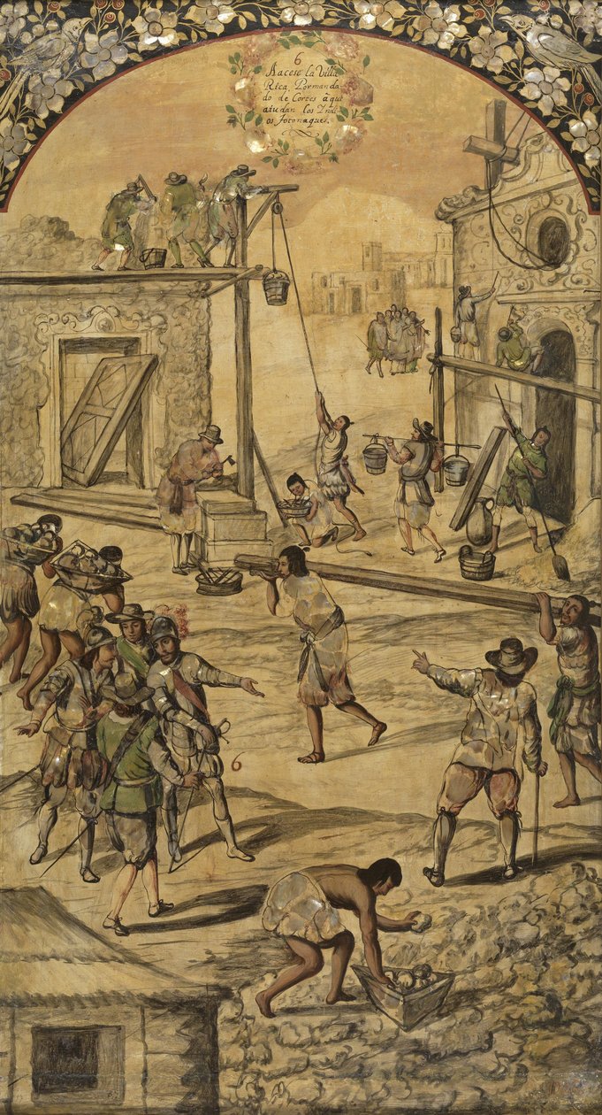 A Conquista do México por Hernán Cortes par González, Miguel e Juan (em atividade no final do 17º cen.). Óleo sobre madeira de Miguel and Juan Gonzalez