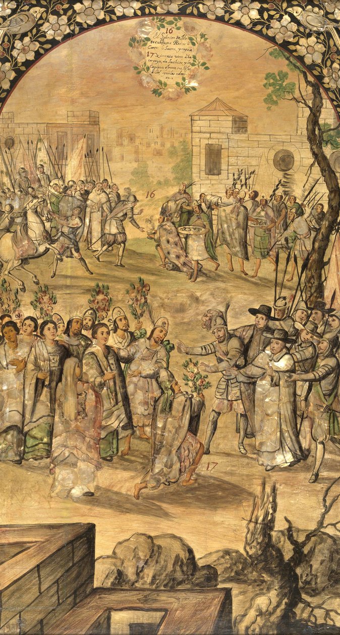 A Conquista do México por Hernán Cortes par González, Miguel e Juan (em atividade no final do 17º cen.). Óleo sobre madeira, tamanho : 97x53 de Miguel and Juan Gonzalez