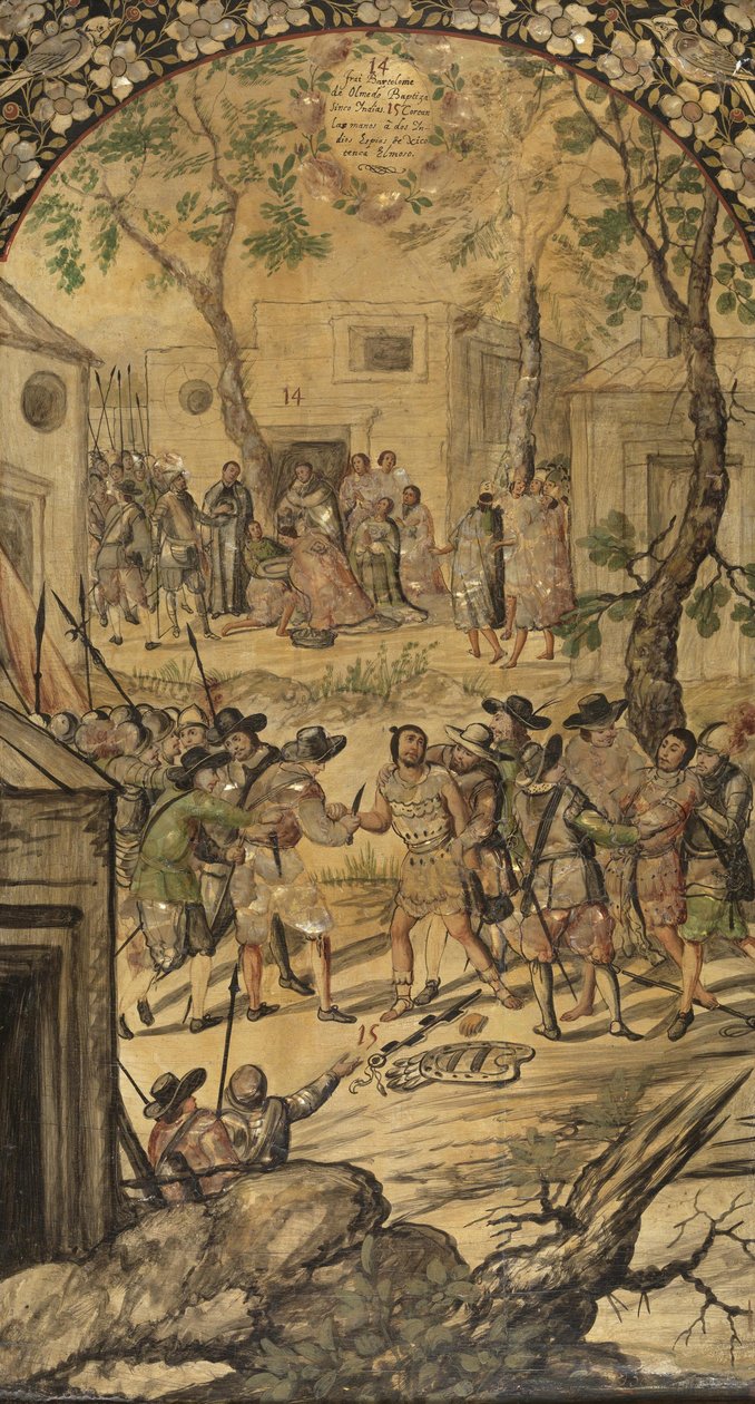 A Conquista do México por Hernán Cortes par González, Miguel e Juan (em atividade no final do 17º cen.). Óleo sobre madeira, tamanho : 97x53 de Miguel and Juan Gonzalez