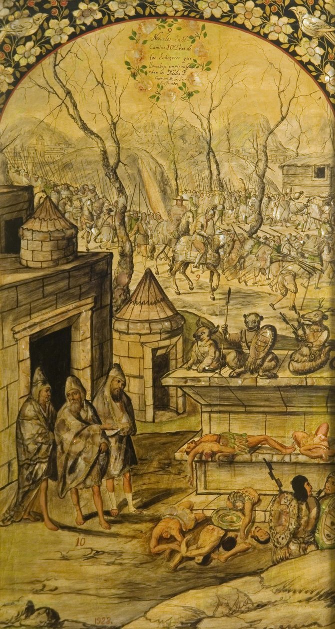 A Conquista do México por Hernán Cortes par González, Miguel e Juan (em atividade no final do 17º cen.). Óleo sobre madeira, tamanho : 97x53 de Miguel and Juan Gonzalez