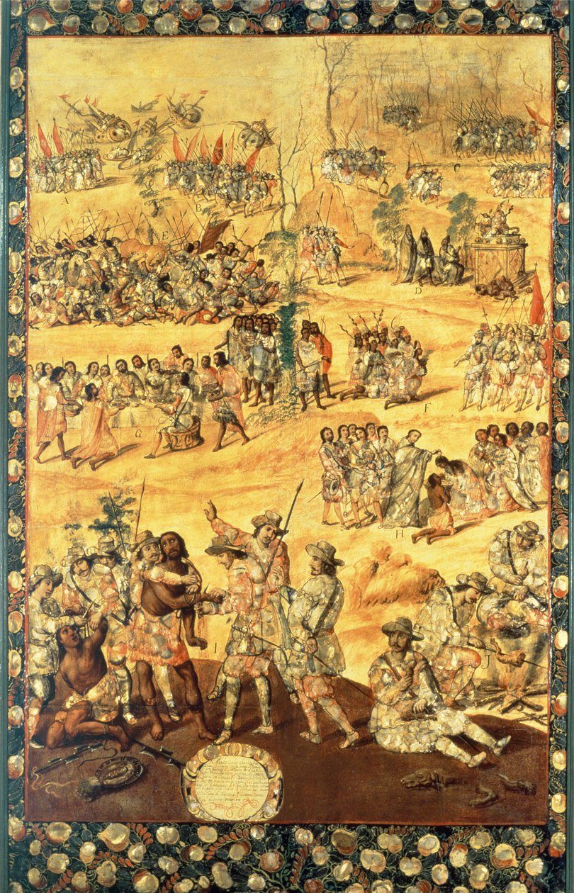 O Encontro entre Hernando Cortes (1485-1547) e Montezuma (1466-1520), painel da Conquista do México de Miguel and Juan Gonzalez