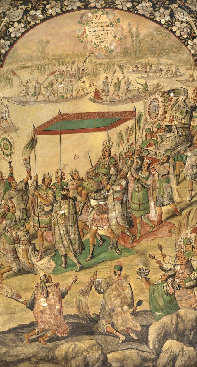 Acolhimento de Montezuma (Moctezuma, Moteuczoma, Motecuhzoma)(1466-1520) - A Conquista do México por Hernán Cortes par González, Miguel e Juan (final ativo do 17º cen.). Óleo sobre madeira, tamanho : 97x53 de Miguel and Juan Gonzalez