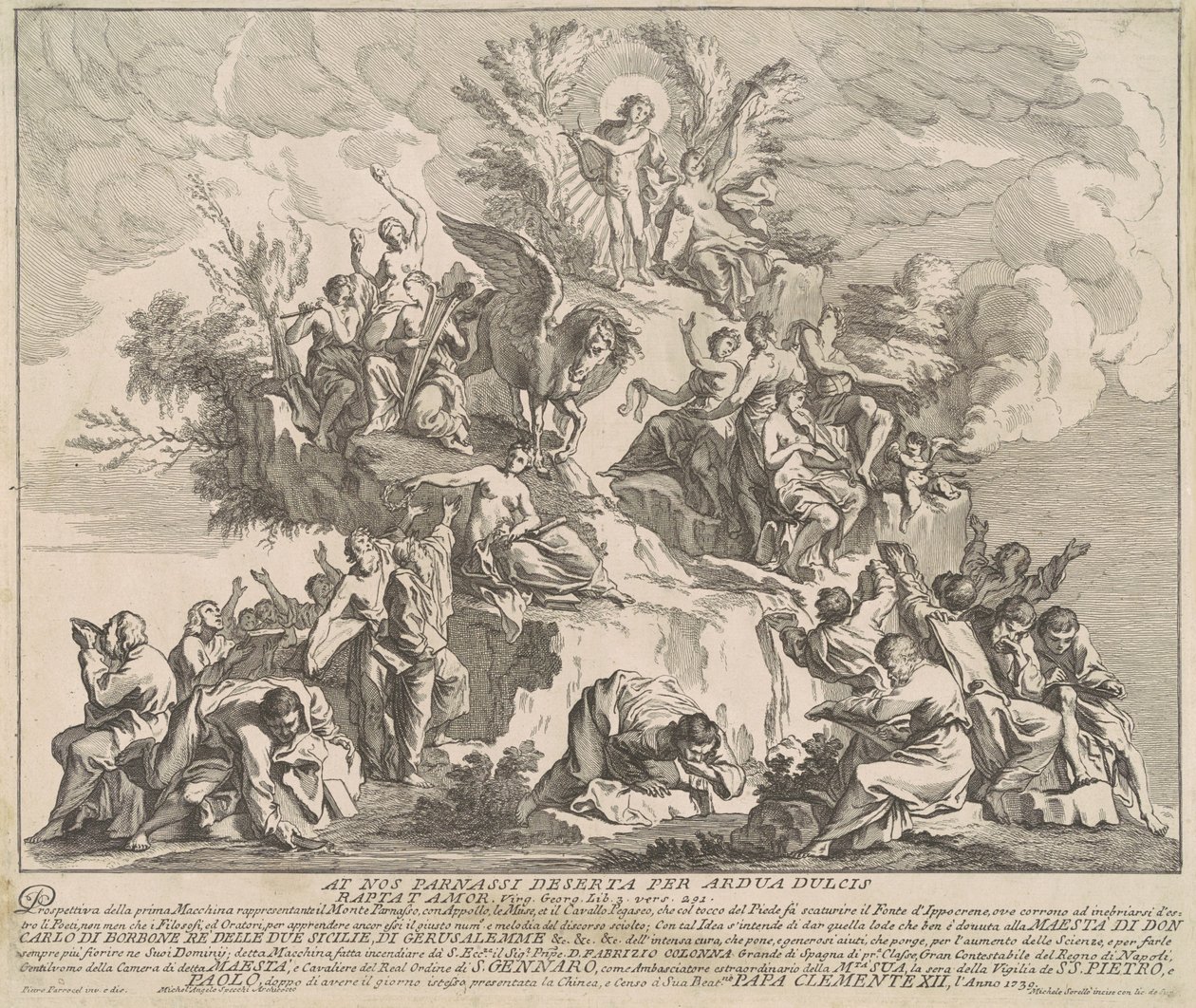 A Prima Macchina para a Chinea de 1739: Monte Parnassus com Apolo, as Musas e Pégaso de Miguel de Sorellò, after Pierre Parrocel, after Michelangelo Specchi