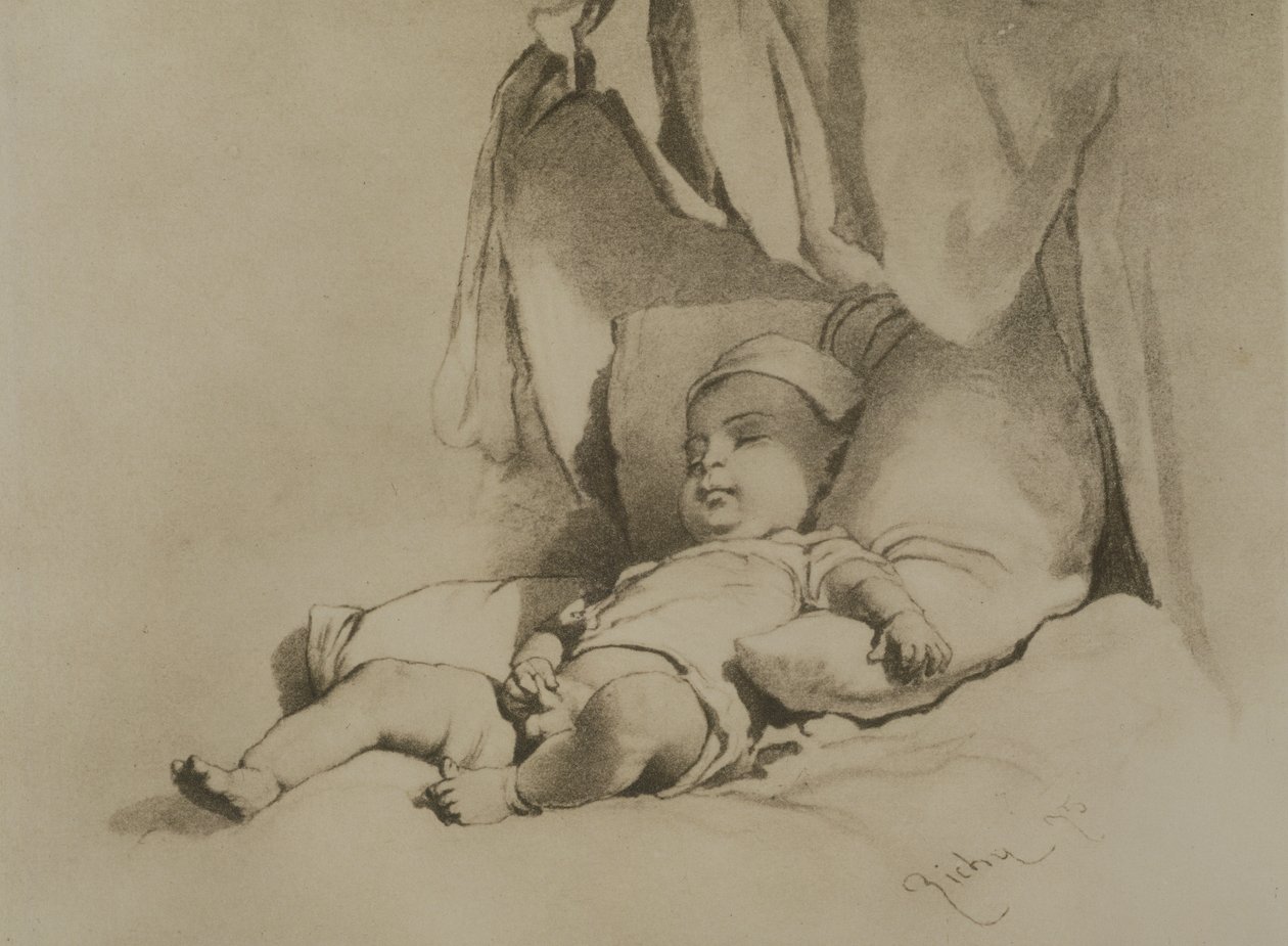 Bebé a dormir na cama de Mihaly von Zichy