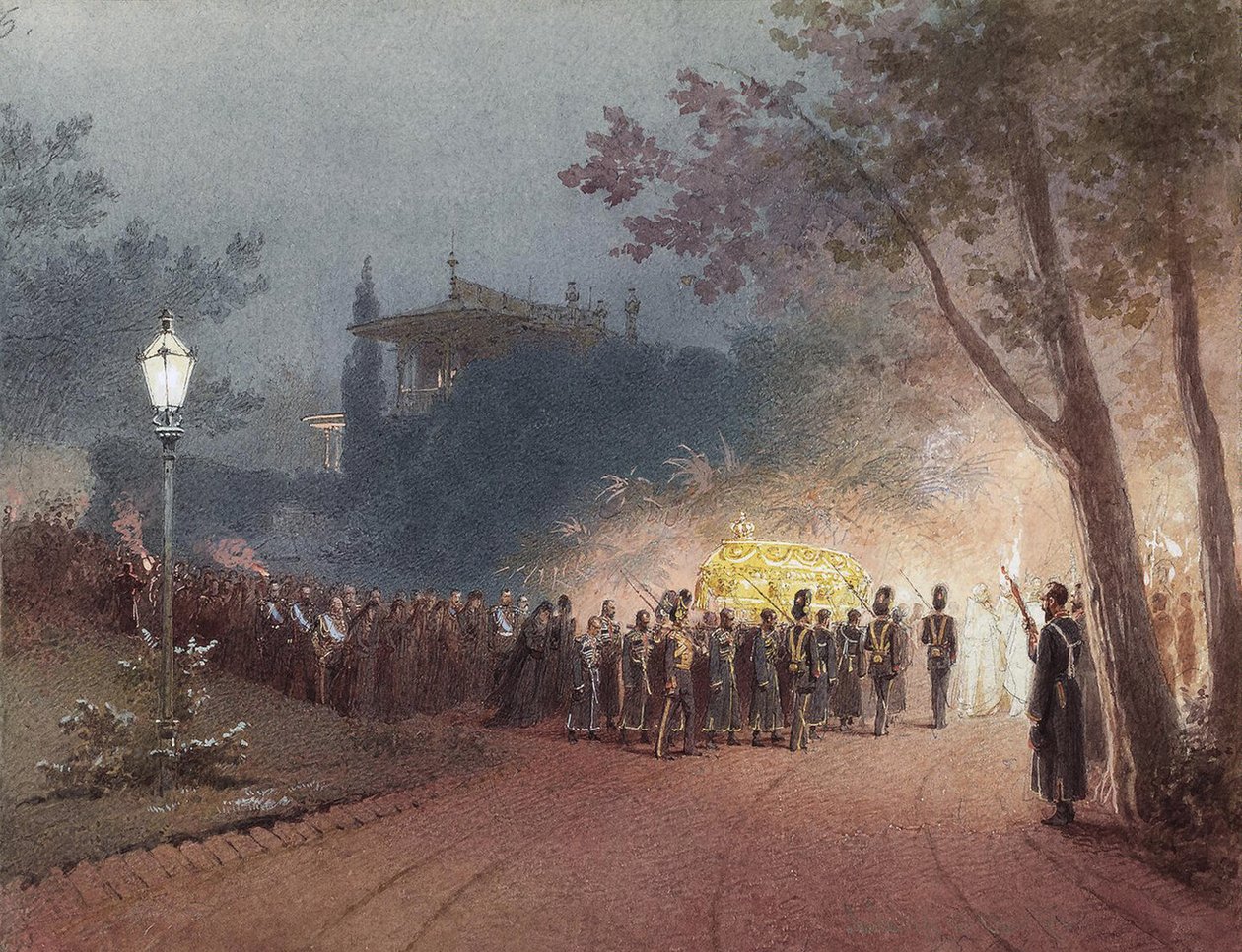 Carregando o caixão com o corpo de Alexandre III do pequeno palácio em Livadia, 1895 de Mihaly von Zichy