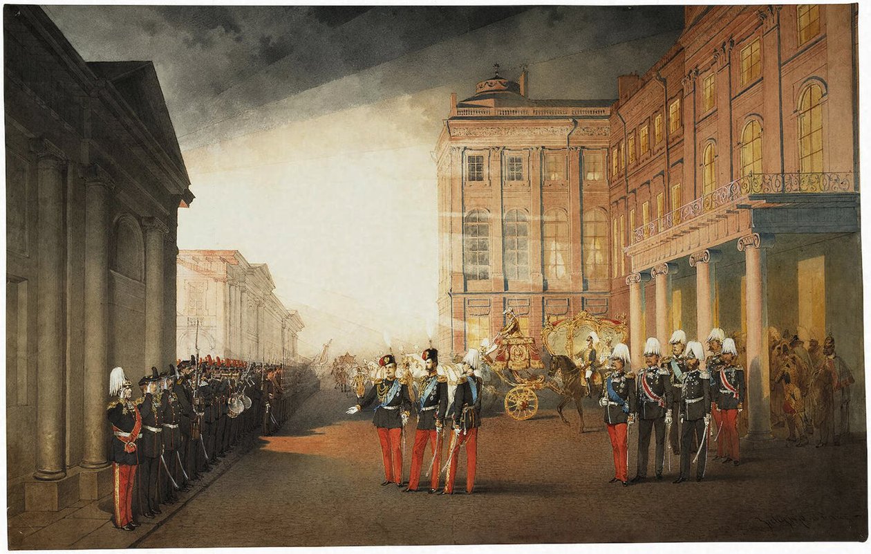 Desfile em frente ao Palácio Anichkov em 26 de fevereiro de 1870, 1870 de Mihaly von Zichy