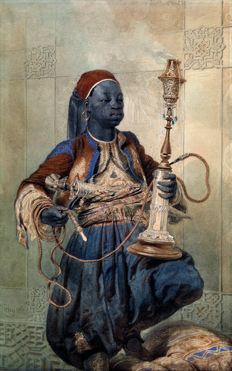 "Portrait de nubien a la pipe a eau" (Nubiano com um tubo de água) Aquarelle de Mihaly Zichy (1827-1906) 1862 Dim 49,5x31 cm Colecção Privada de Mihaly von Zichy
