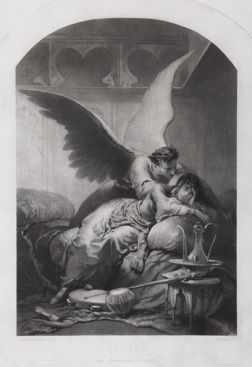 Tamara e Demon. Ilustração do poema O Demônio, de Mikhail Lermontov, c. 1880 de Mihaly von Zichy