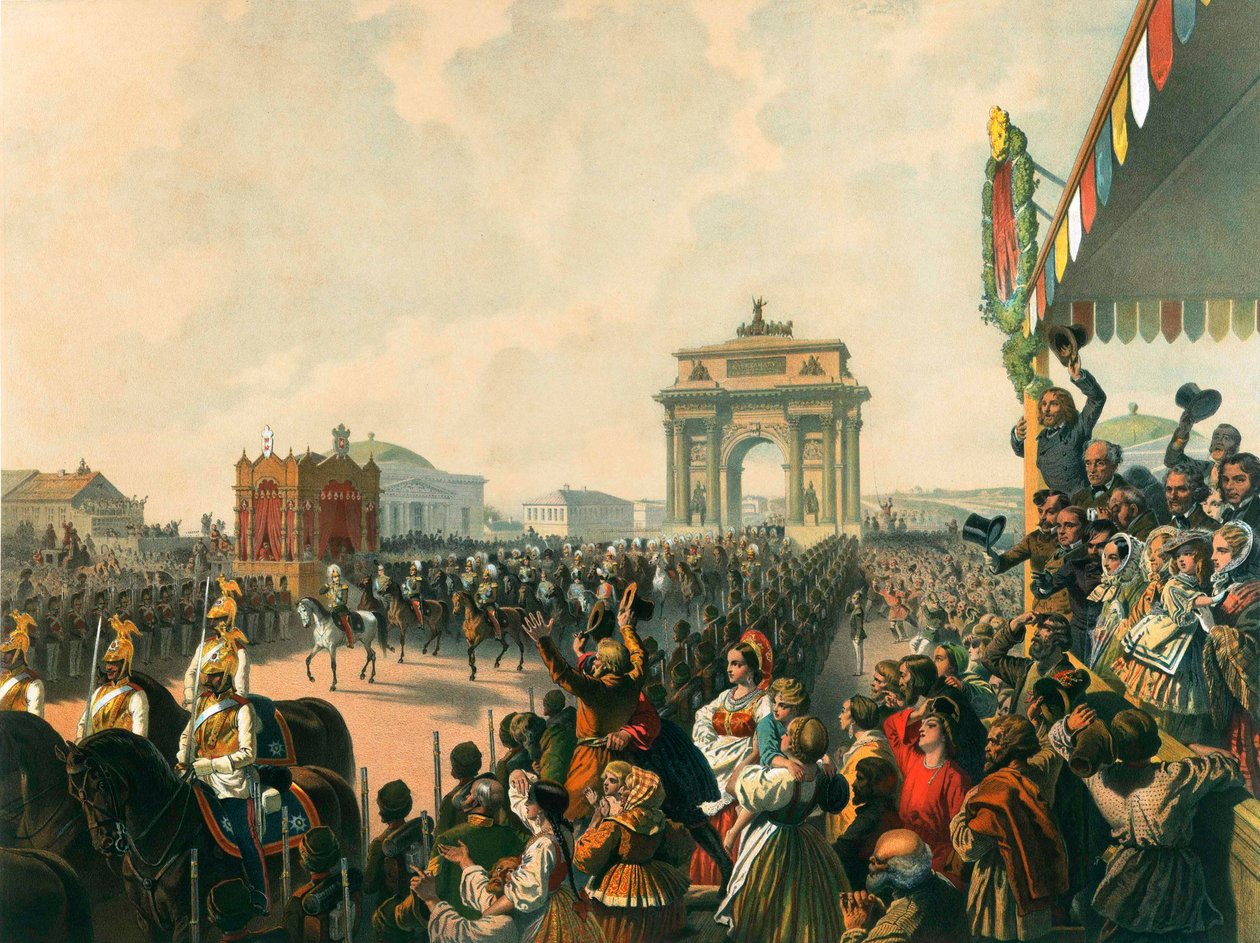 Entrada triunfal de suas Majestades Alexandre II e Maria Alexandrovna em Moscou, 1856. de Mihaly von Zichy