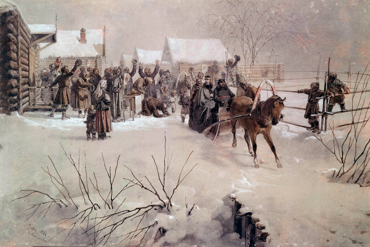 O czar Alexandre II (1818-1881) num trenó atravessa uma aldeia sob a aguarela de neve de Mihaly von Zichy (1827-1906) São Petersburgo do século XIX, Castelo de Peterhof de Mihaly von Zichy