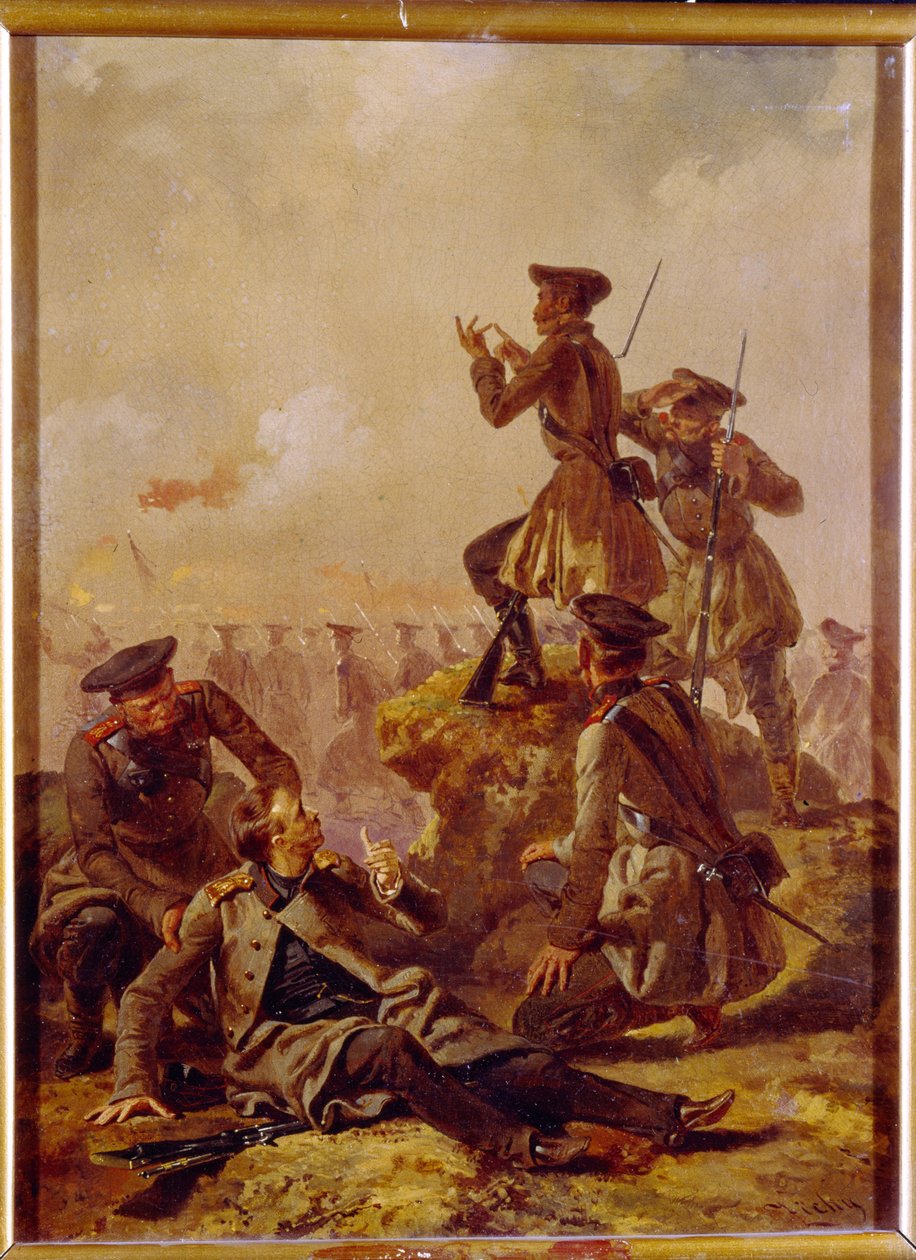 Uma cena da Guerra da Crimeia (1853-1856). Atrás da linha das tropas de frente, oficiais, um dos quais está ferido, observam o campo de batalha. Pintura de Mihaly Zichy (1827-1906), óleo sobre tela, por volta de 1850. Arte húngara de Mihaly von Zichy