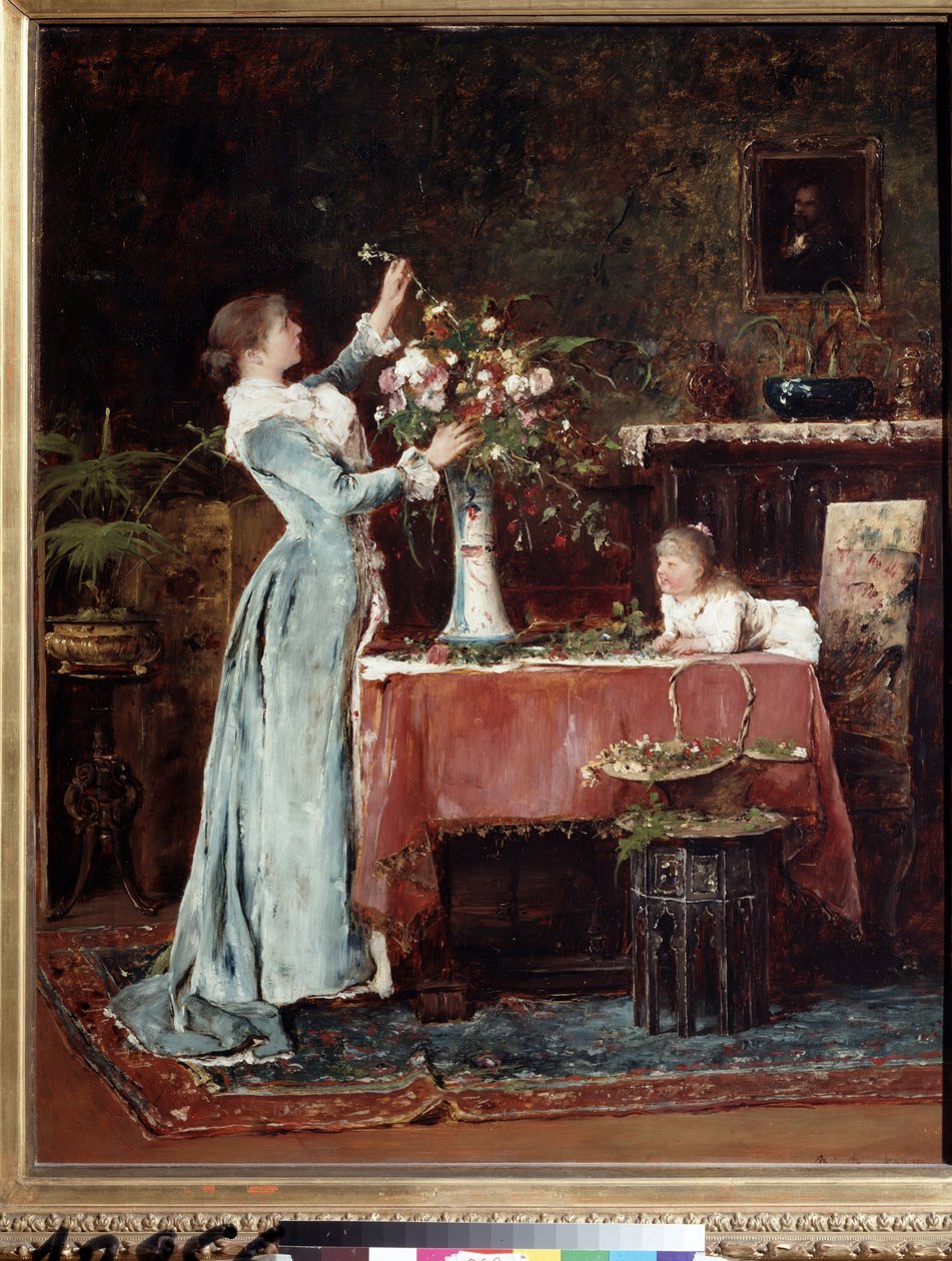 "Composing a Bouquet" Uma mulher burguesa (húngara?) que prepara um bouquet de flores, a sua filha olha para cima. Pintura por Mihaly Munkacsy (1844-1900) 1880 aproximadamente Museu Pushkin, Moscovo de Mihály Munkácsy