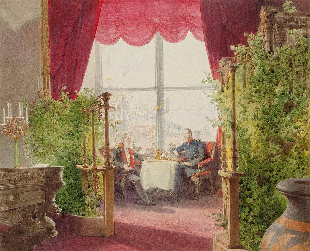 Café da manhã dos imperadores Alexandre II e Guilherme I no Palácio de Inverno, 1873. de Mihály Zichy