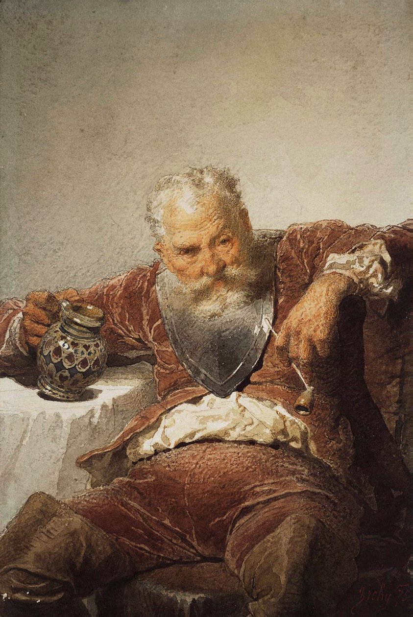 Falstaff com uma caneca de vinho e um cachimbo, 1873. de Mihály Zichy