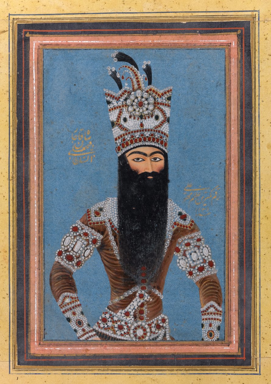 Retrato de FathAli Shah Qajar, 1815 (wc, ouro e tinta no papel) de MihrAli MihrAli