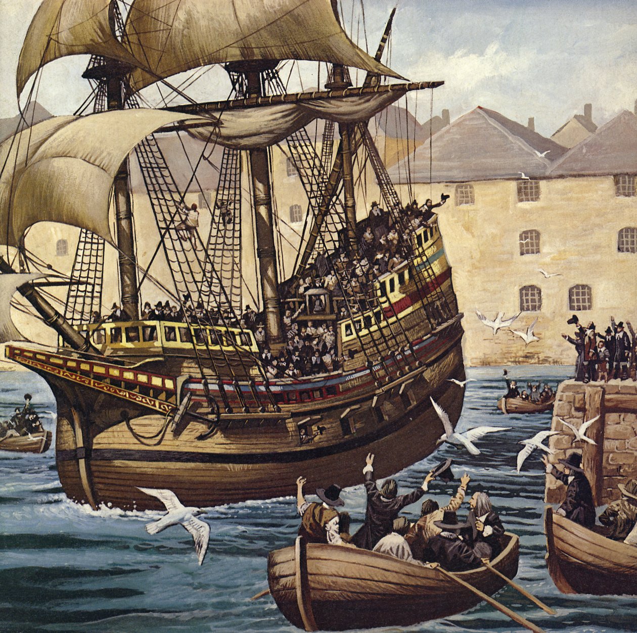 Westward Ho! O Mayflower deixa Plymouth Ho em 16 de setembro de 1620 (litografia a cores) de Mike (20th century) White