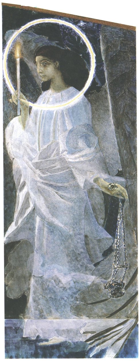 Anjo com uma Vela, 1887 (wc, lápis e verniz sobre papel) de Mikhail Aleksandrovich Vrubel