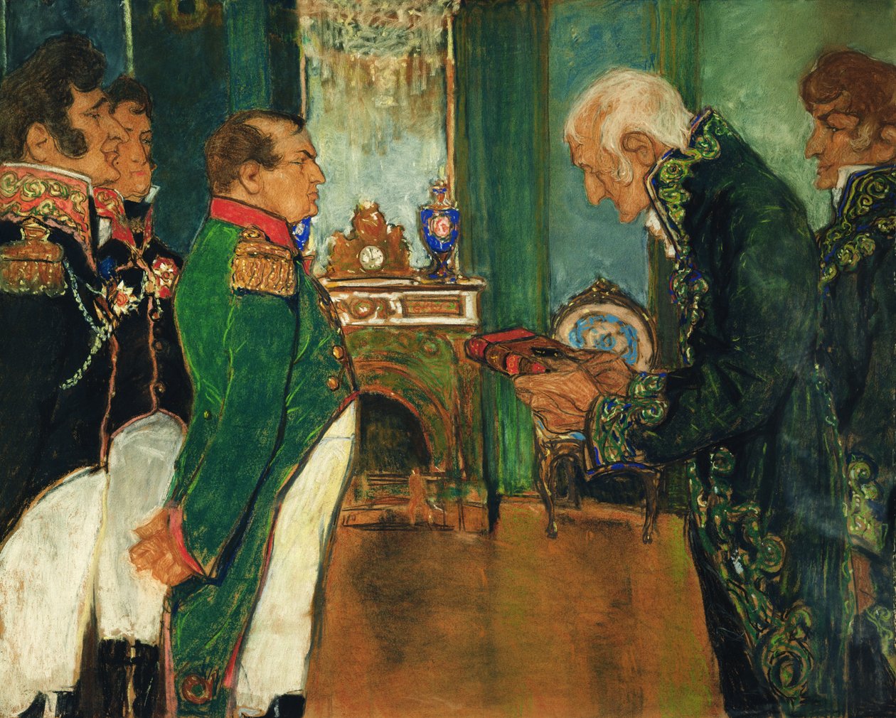 Jean-Baptiste de Lamarck, entregando o livro Filosofia Zoológica ao Imperador Napoleão Bonaparte, 1920 pastel sobre papel de Mikhail Dmitrievich Ezuchevsky
